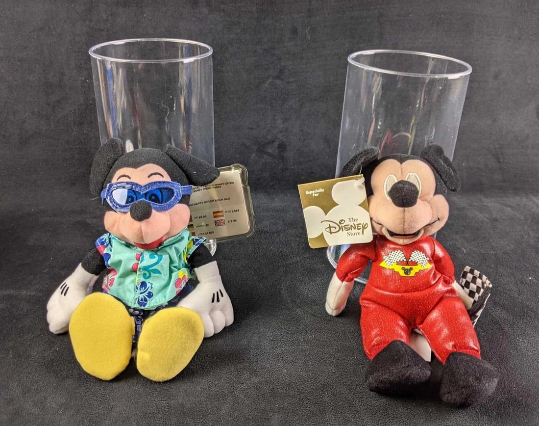 Mickey Mouse Bean Bag Dolls: Mickey Mouse Bean Bag Dolls Two Themed Bean Bag Dolls 1.5lb Mickey Mouse Happy Beach 9" Motor Racer Mickey 9" Motor Racer Mickey has some storage wear, the material on his clothing has peeli