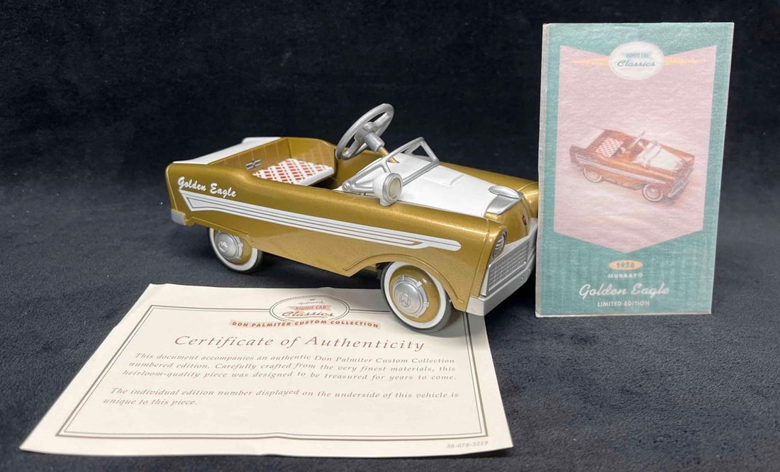 1996 Hallmark Kiddie Cars "1956 Golden Eagle" With COA & Hallmark Card: This lot contains a 1996 Hallmark Kiddie Cars "1956 Golden Eagle" With COA & Hallmark Card. It is approx 6 1/2" x 2 3/4" x 3 1/4" and weighs about 1.1lbs. Overall the Kiddie Ca