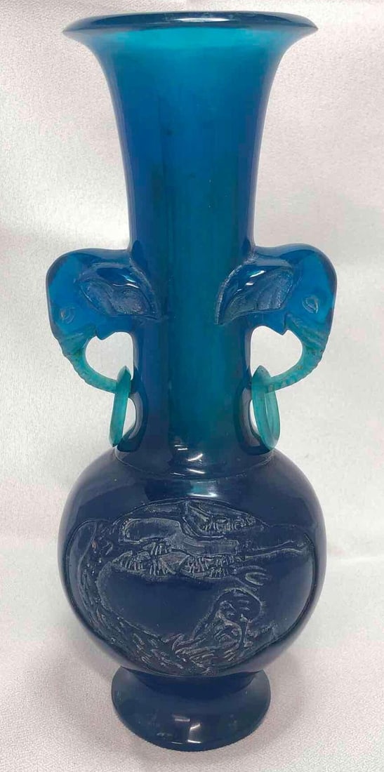 Vintage Asian Carved Elephant Head Teal Resin Vase (1 of 6)