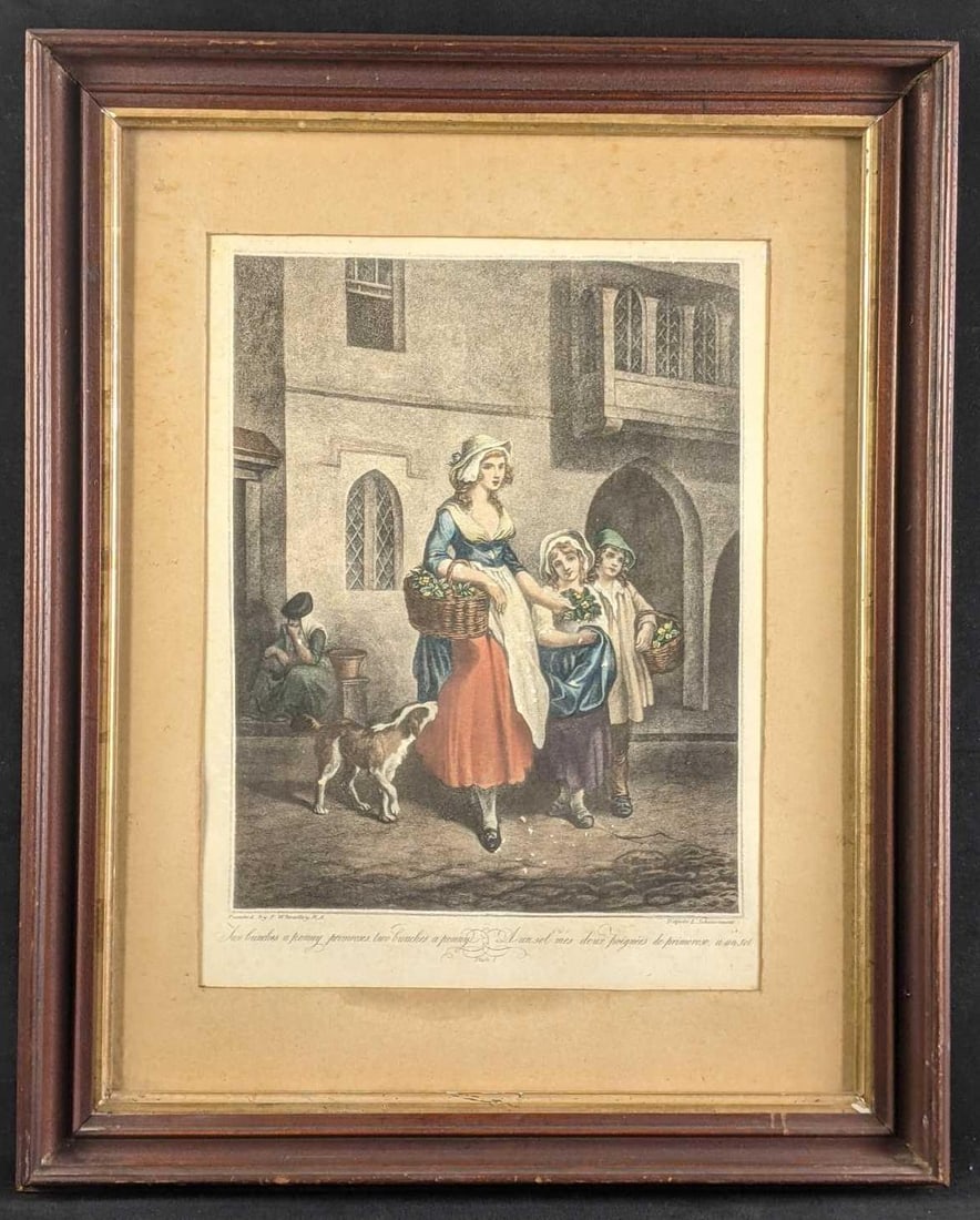 Vintage Francis Wheatley Color Lithograph Framed Art: Vintage Francis Wheatley Color Lithograph Framed Art This is a framed Lithograph by Francis Wheatly. This is part of his Cried of London Series. This specifically is â€˜Two bunches a penny primros