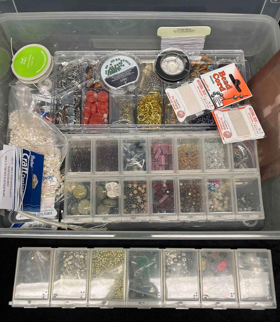 Large Bundle Of Beads, Jewelry, & Materials For Making Jewelry: This lot contains a Large Bundle Of Beads, Jewelry, & Materials For Making Jewelry. It is approx 15" x 10 1/2" x 3" and it weighs about 4.1lbs. Overall the Bundle is in good used condi