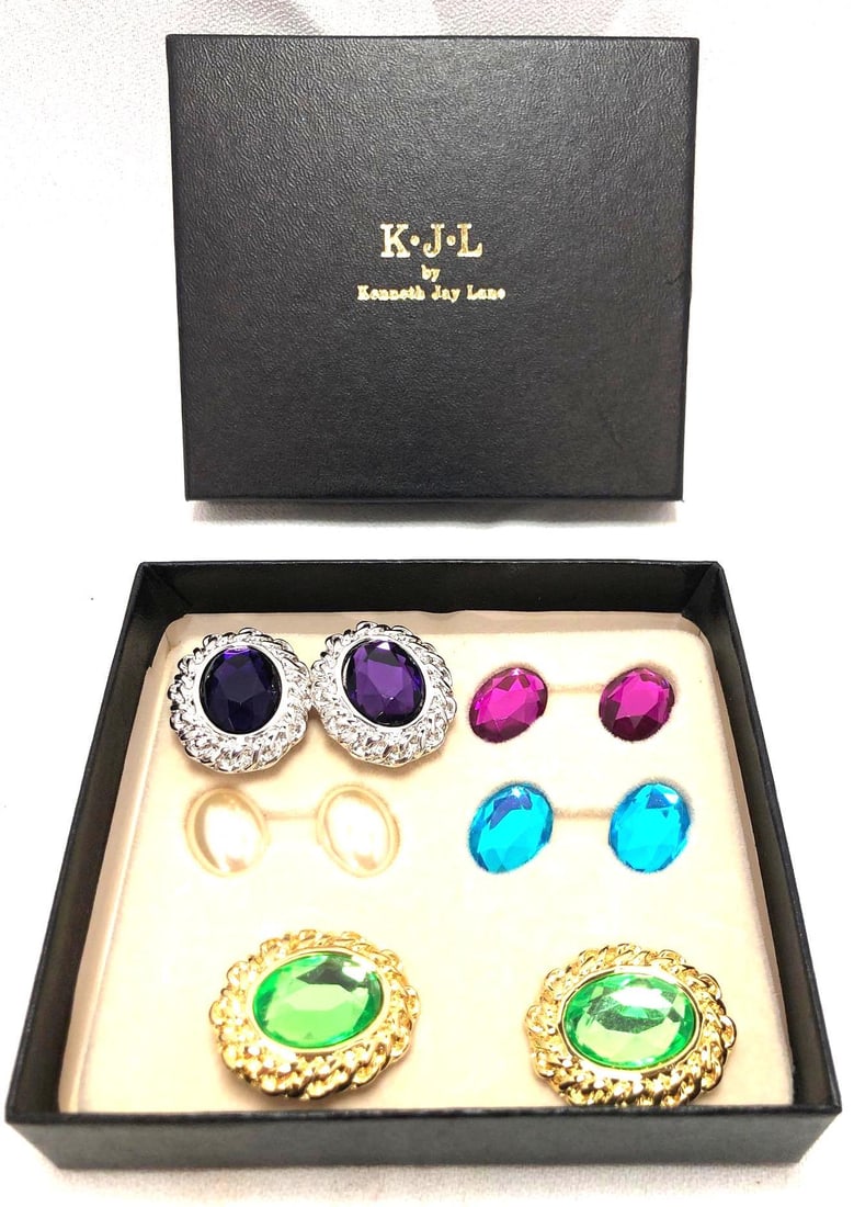Kenneth Jay Lane Gold & Silver Tone Clip-On Earrings + 5 Interchangeable Cabochon Ovals (1 of 3)