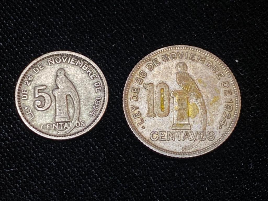 Two Guatemalan Silver Coins, 10 & 5 Centavos (1 of 3)