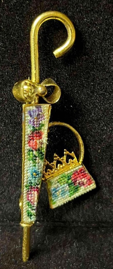 Vintage Embroidered Petit Point Parasol Bag & Purse Brooch (1 of 8)