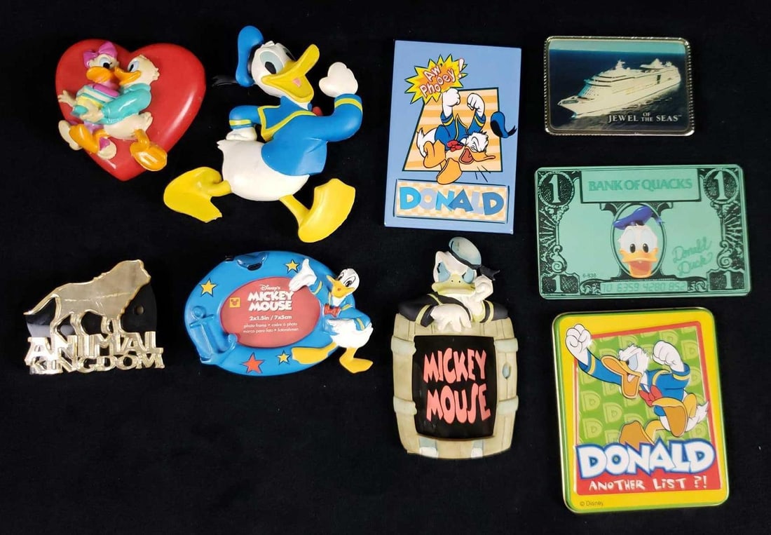 Lot of 9 Disney Donald Duck Magnets: Lot of 9 Disney Donald Duck Magnets. This lot of Disney magnets is in overall good condition. The items have some minimal signs of discoloration. The magnets in this lot are: 1 Donald "Another Lis