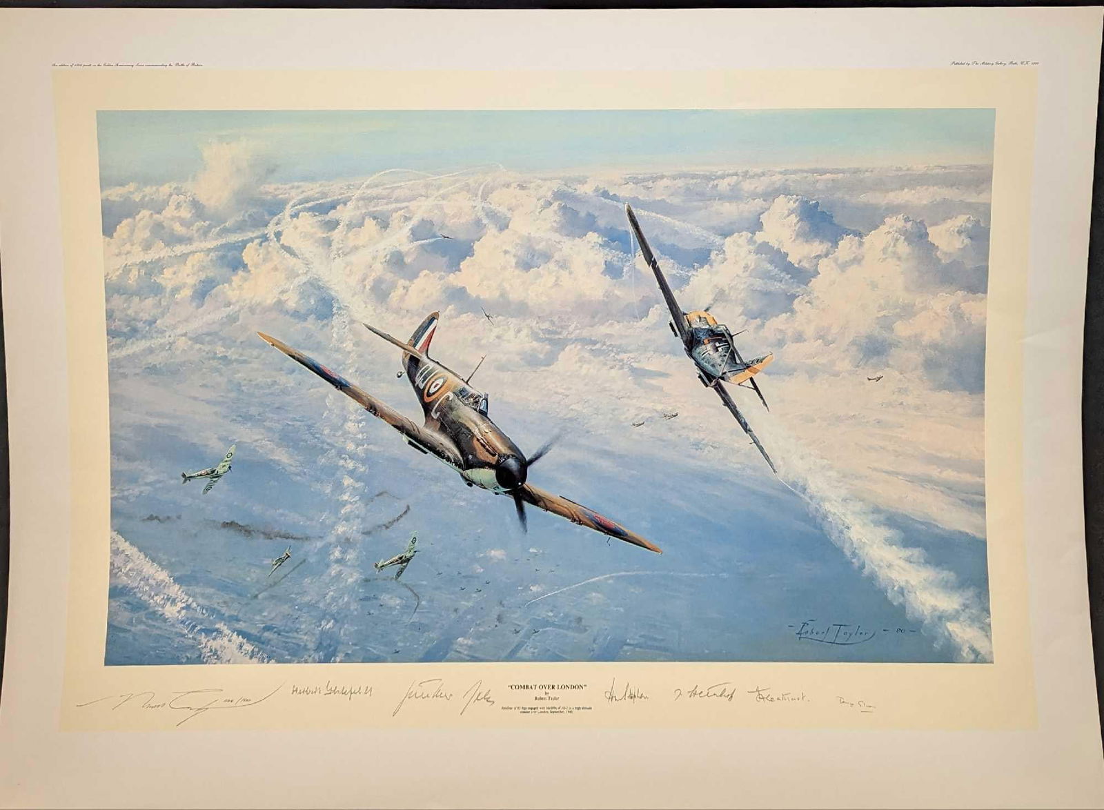 S&N Robert Taylor Combat Over London Signed Print: S&N Robert Taylor Combat Over London Signed Print. This print is approx 36" x 26 1/2" and it weighs 0.25lb. The print has some creases, mostly on the right side. Please see the images as t