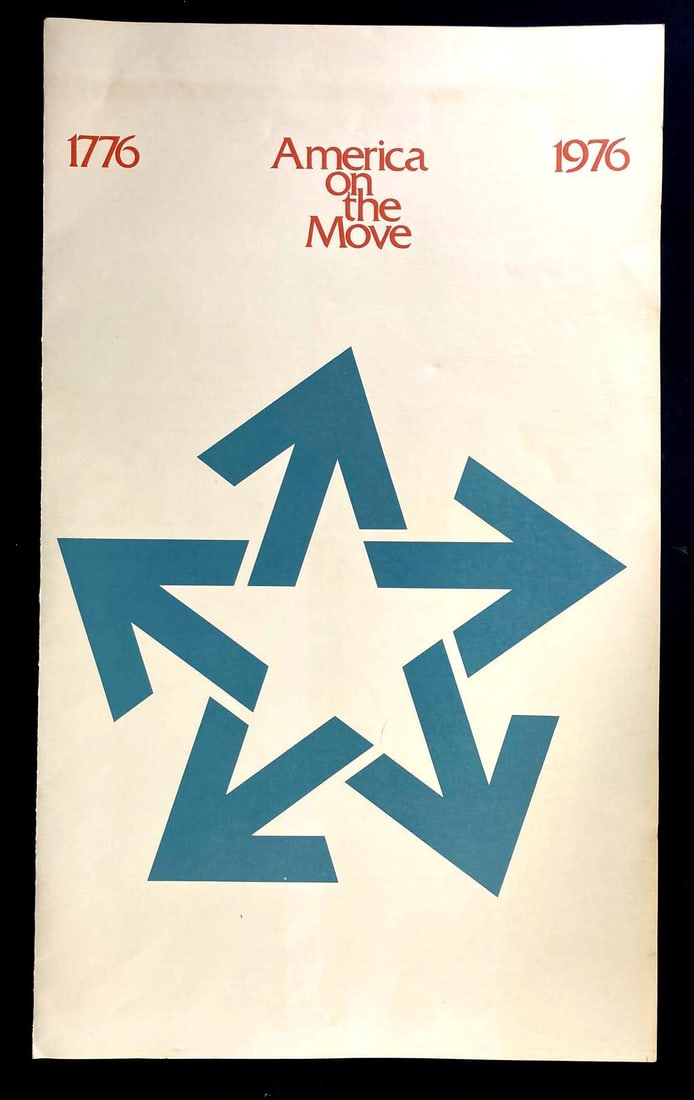 America on the Move Poster: Up for auction is a recent estate find, a American on the Move: 1776-1976 poster. The front has a star pattern made from arrows and the inside of the cover has not only a etching done by artist Wayne