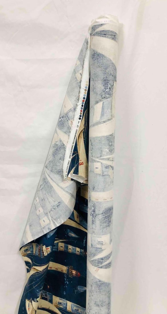 Approx. 4 Yards Of Upholstery & Drapery Fabric Waverly In The Breeze Indigo 681590 Tropical Print: This lot contains Approx. 4 Yards Of Upholstery & Drapery Fabric Waverly In The Breeze Indigo 681590 Tropical Print. Rolled up it is approx 56" x 3" and weighs about 5.3lbs. Overall the fa