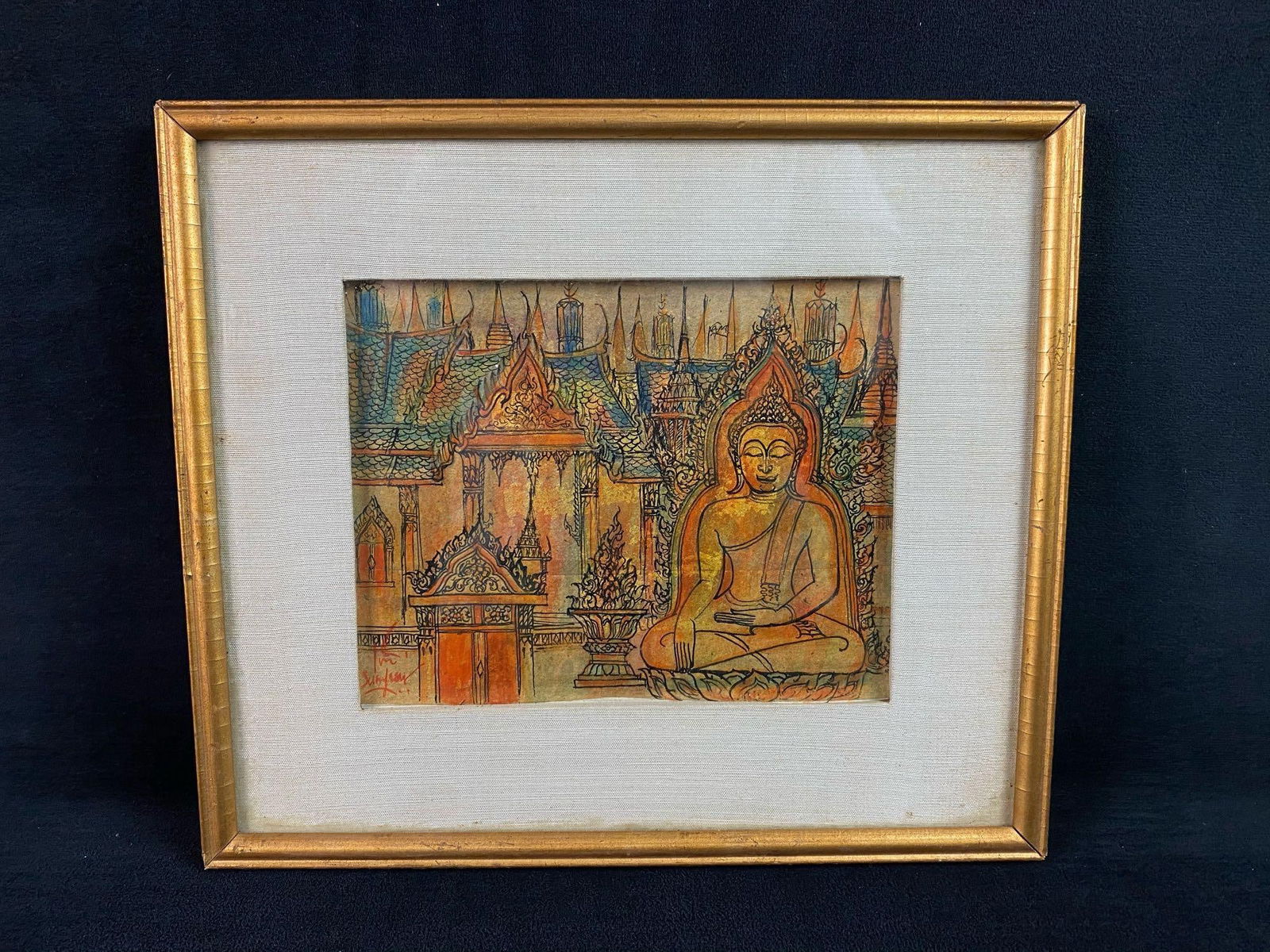 Vintage Original Signed Thailand 22k Gold Leaf Painting (1 of 3)