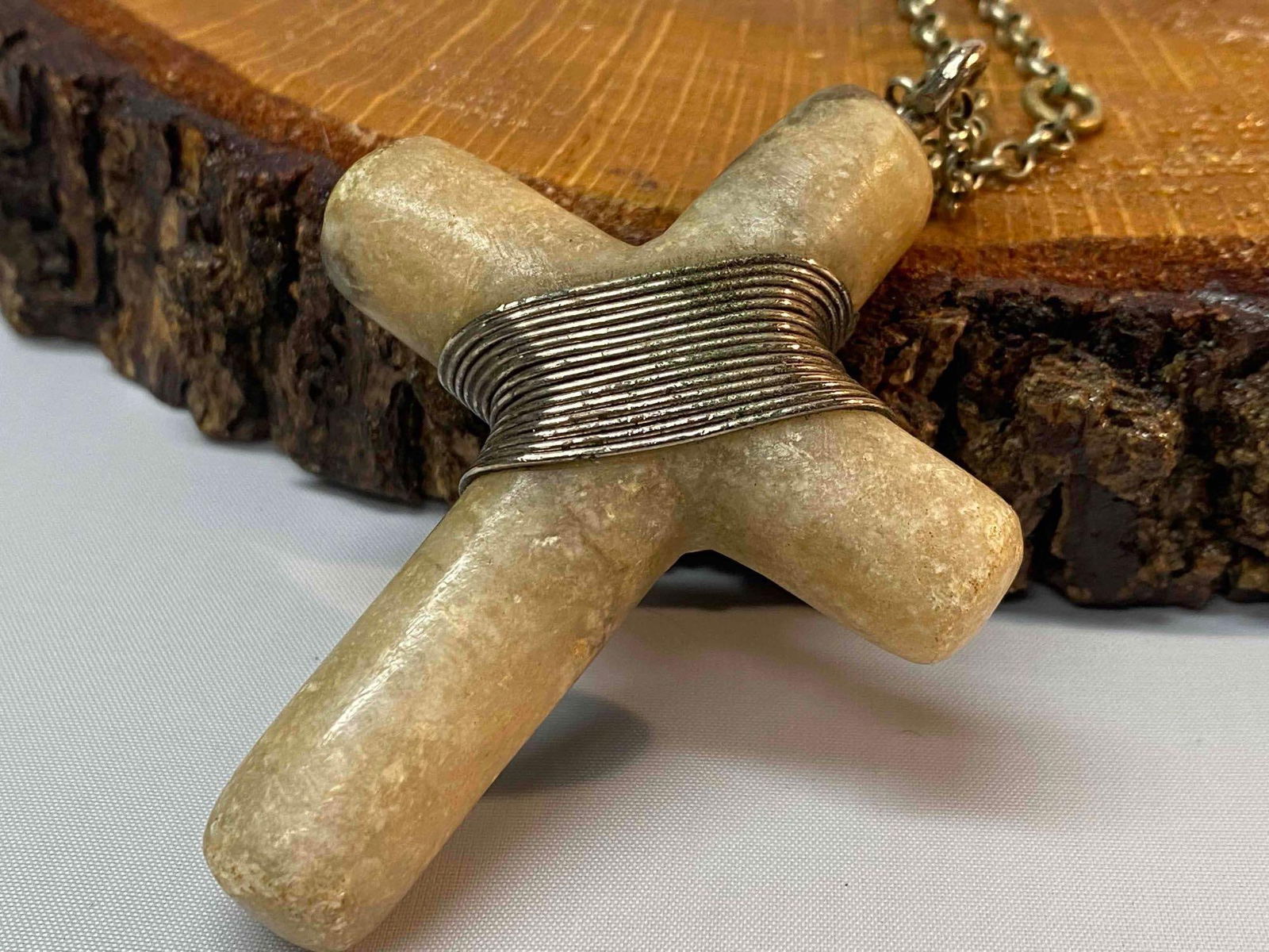 Silver Wrapped Stone Cross Pendant & Rollo Chain (1 of 6)