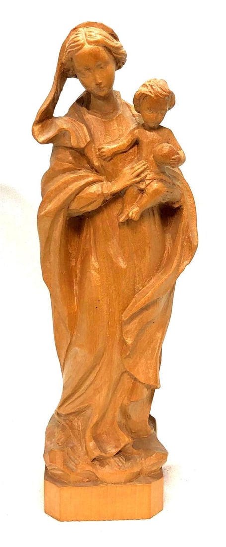 Vintage Carved Wood "Madonna and Child" Figurine: Vintage Carved Wood "Madonna and Child" Figurine. It is approx 8" x 2-3/4" x 2" and it weighs 0.3lbs. The Carved Wood Figurine is in a used, vintage condition with some light wear,