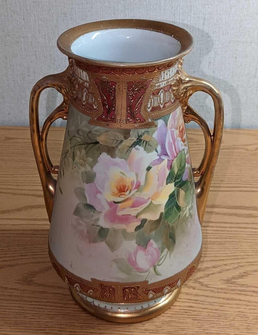 "F34" Nippon Handled Hand Painted Floral & Gold Gilded Vase (1 of 7)