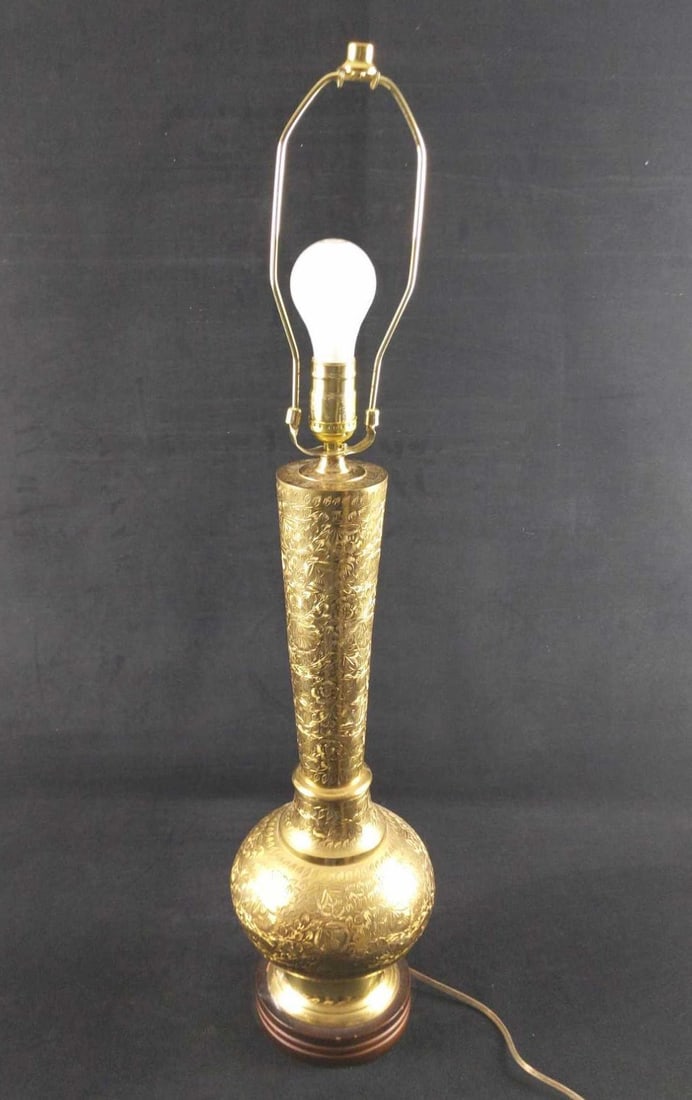 Middle Eastern Ornate Leaf Carved Brass Table Lamp A (1 of 10)