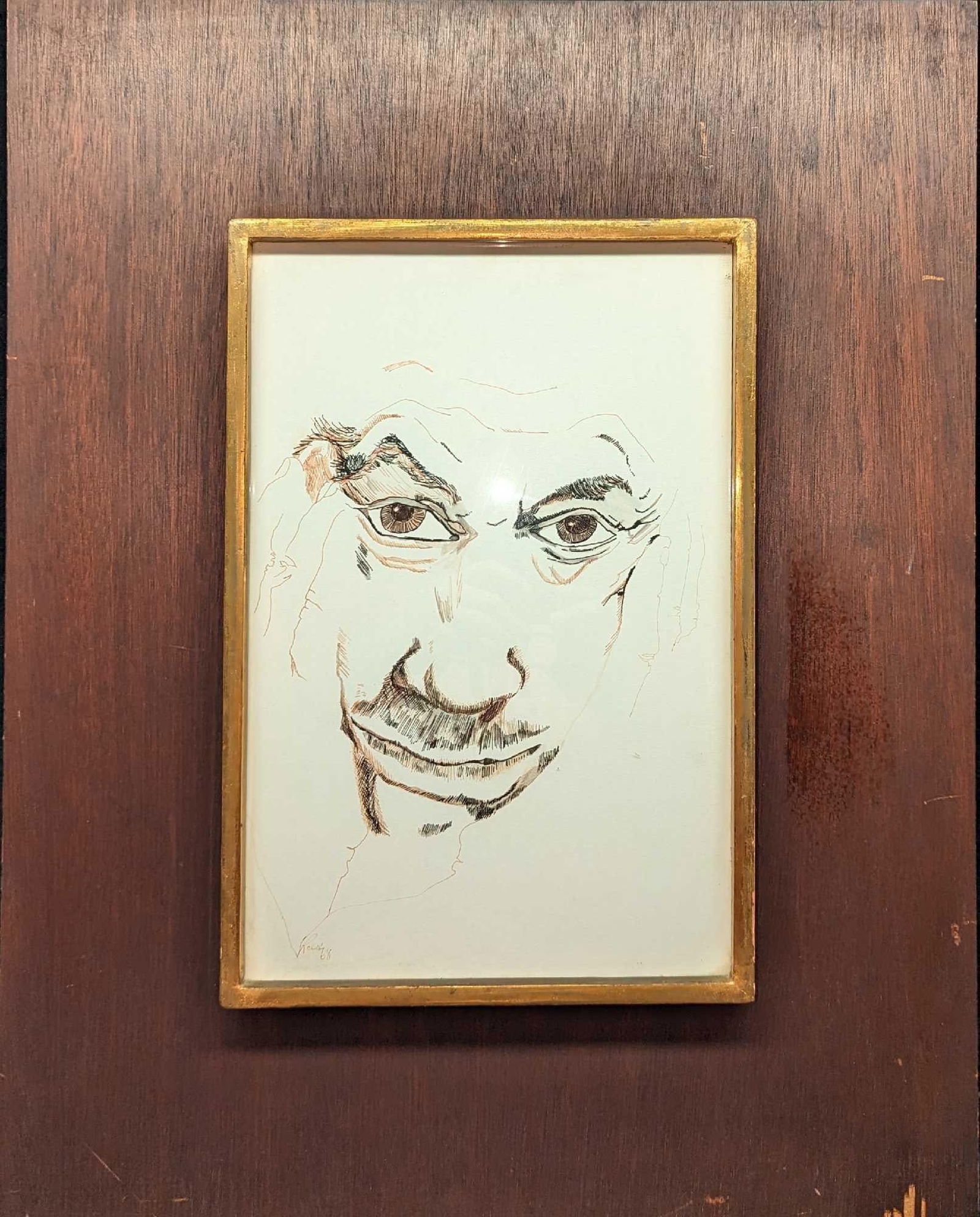 Vintage Framed Pen & Ink Sketch Man's Face (1 of 6)