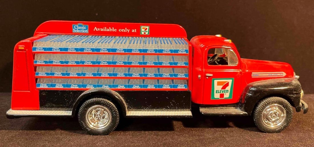 1992 First Gear Inc 7 Eleven Classic Selection Replica 1951 Ford: This lot contains a 1992 First Gear Inc 7 Eleven Classic Selection Replica 1951 Ford. Made in China. It is approx 8 1/4" x 2 3/4" x 3" and it weighs about 1.2lbs. Overall the 7 Eleven Ford