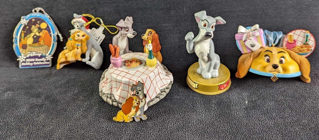 6 Disney Lady & The Tramp Ornaments Pin Music Box Figurine: This lot includes: (1) Lady & The Tramp Resin Ornament. Is approx 2" x 1 1/4" x 3". There is a chip on Lady's nose. The two dogs might have been standing on something as there is s