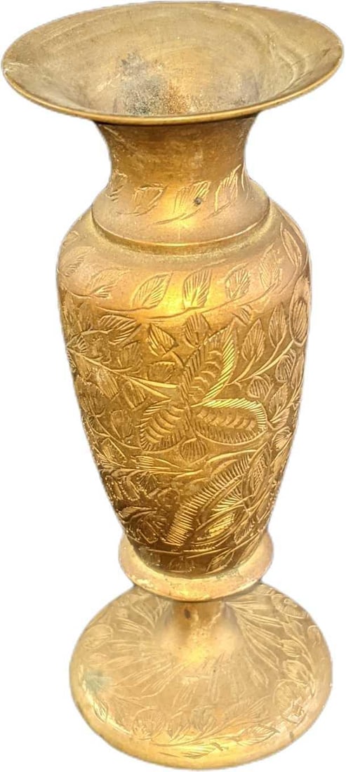 Vintage Indian Etched Leaves Bud Vase: Vintage Indian Etched Leaves Bud Vase. Is approx 2 1/4" x 2 1/4" x 5 3/4" and it weighs under one pound at 0.46lb. The vase is in a good, vintage condition with light surface tarnish.