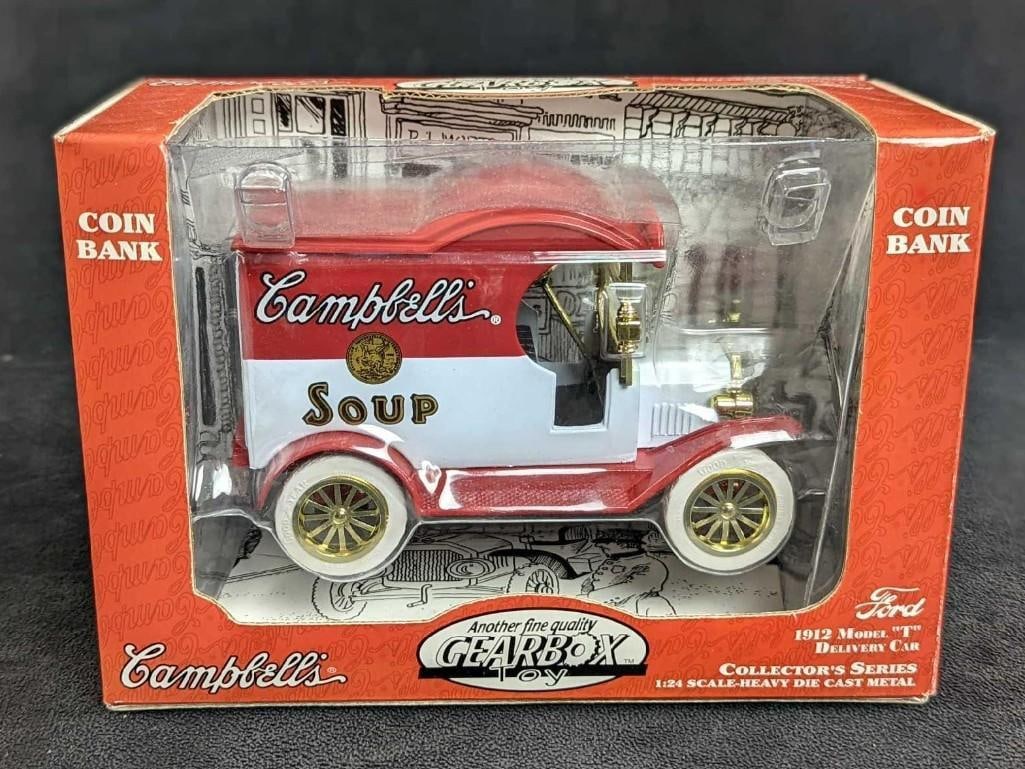 1912 Ford Model T Campbell's Soup Car Bank: 1912 Ford Model T Campbell's Soup Die Cast Delivery Car/Bank by Gearbox. The car/bank is approx 5 1/2" x 2 1/2" x 3 1/4". It comes in its original box which is approx 8" x 4" x