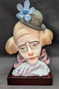 Retired Lladro Pensive Clown Bust: Retired Lladro Pensive Clown Bust. This was designed by José Puche and was released from the year 1982 to the year 2000. The Lladro is approx 8" x 8" x 10 1/4". It comes with an base that