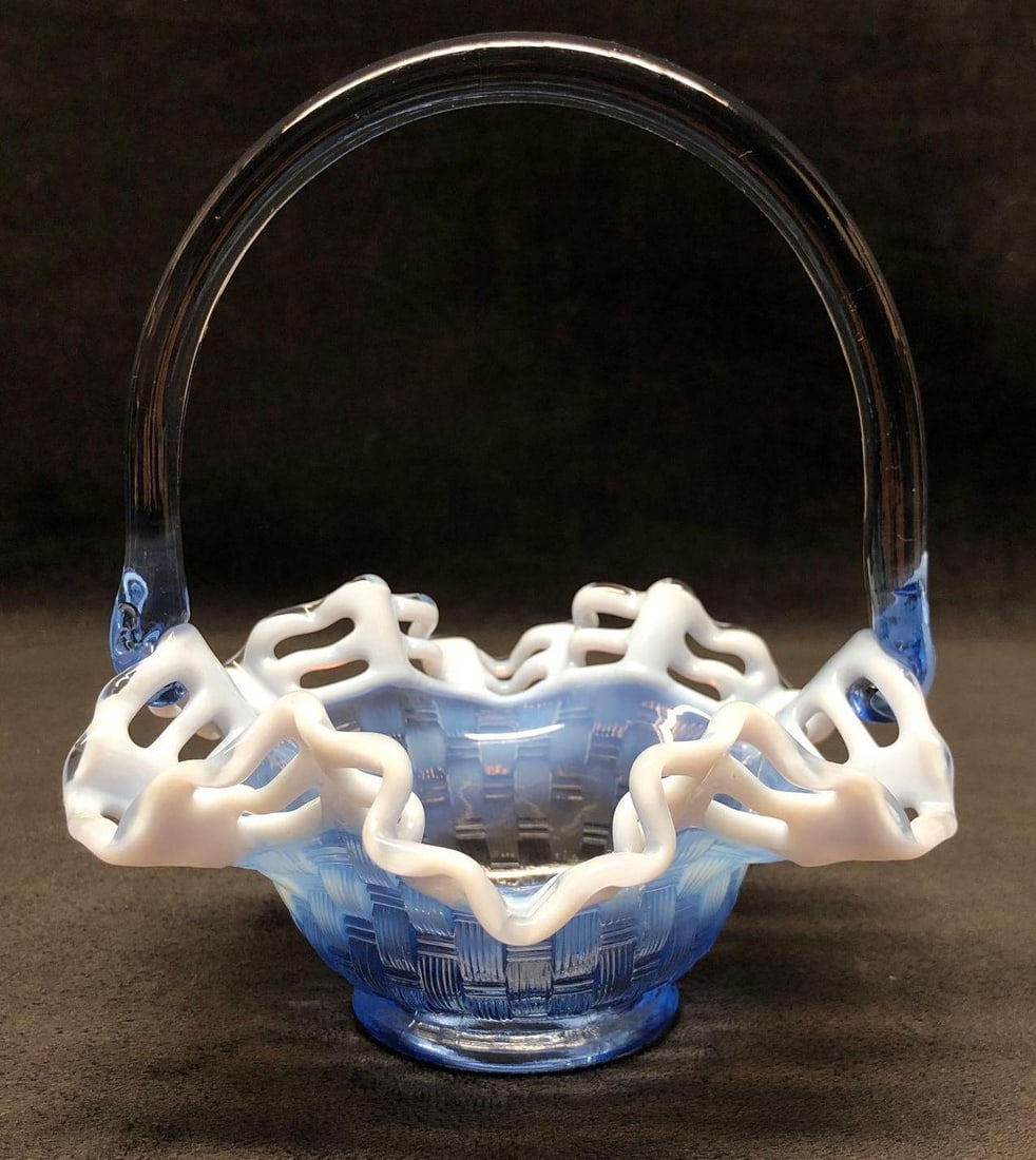 Fenton Blue Open Lace Basket Weave Ruffle Bowl (1 of 8)