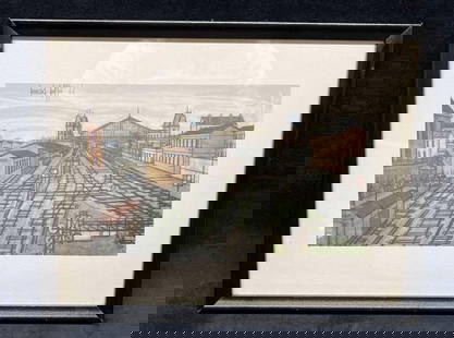 Framed Bernard Buffet Print "La Gare Train Yard Station" 1955: This lot contains a Framed Bernard Buffet Print "La Gare Train Yard Station" 1955. The frame is approx 9 1/4" x 12 1/4" while the print is approx 5 1/2" x 9". Total weight is approx 1.1lbs. Overall th