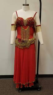 Red Beaded Belly Dancing Complete Outfit Costume: This listing is for a hand sewn/ beaded professional belly dancing outfit complete with everything you need to jumpstart your career as a belly dancer or shine like the Egyptian Goddess that you are a