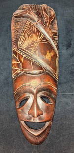 Vintage Hand Carved African Style Tribal Wood Mask: Vintage Hand Carved African Style Tribal Wood Mask. This is approximately 5 3/4" x 2" x 17 1/2" and it weighs 0.88lb. The wall mask has some scratches and small chips. Please see the image