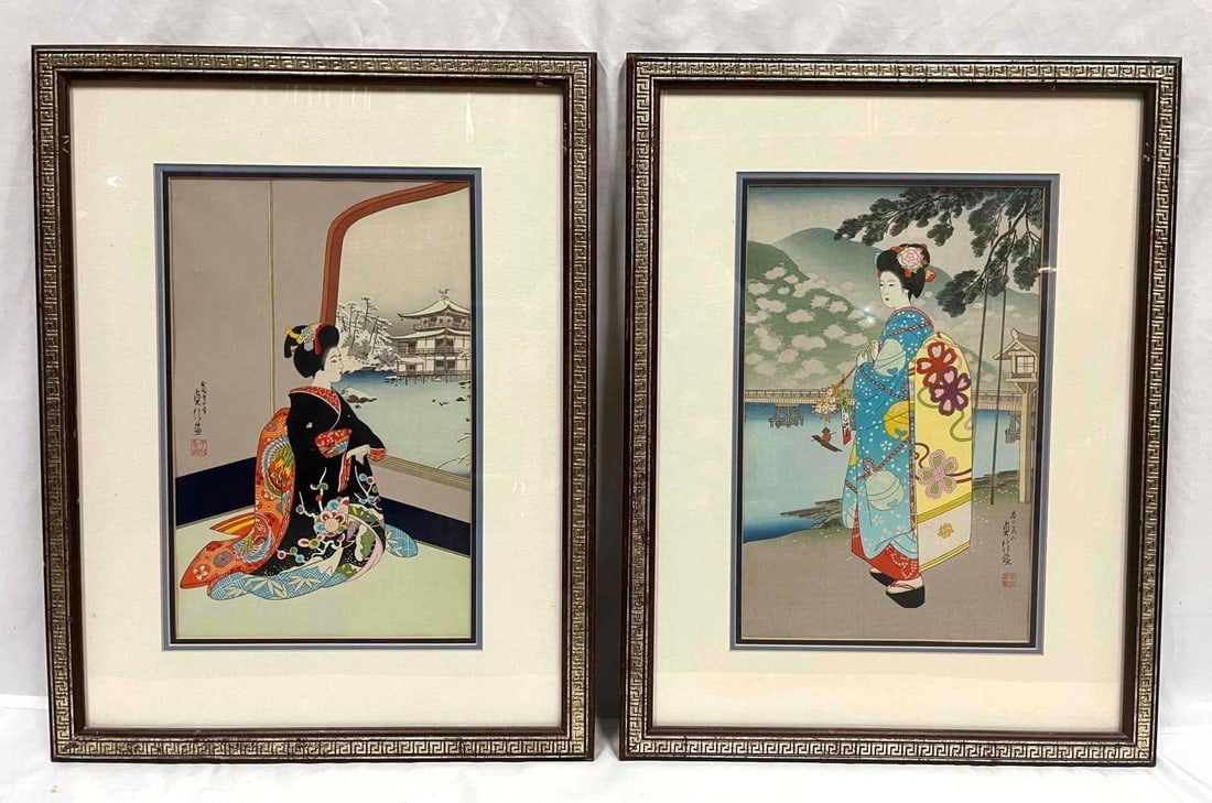 Two Framed Color Wood Block Prints "Geisha" Hand Signed By Kusamada With COA (1 of 14)