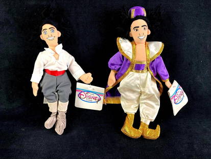 Set of (2) Disney Plush Bean Bag Aladdin & Eric: Up for auction is a recent estate find, a set of (2) Disney plush bean bag dolls in particular Aladdin from the Disney film and and Eric from The Little Mermaid. These two dolls were from a large coll