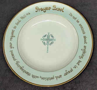 The Angie Prayer Porcelain Bowl: The Angie Prayer Porcelain Bowl. This is approximately 8 7/8" x 8 7/8" x 1 1/4" and it weighs 0.89lb. The bowl has no chips or cracks. The trimmed gold edge and hand-applied Swarovski Crys