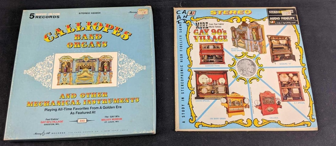 Calliopes Band Organs Vinyl Records Box Set: Calliopes Band Organs Vinyl Records Box Set This lot comes with a box set of "Calliopes, Band Organs, And Other Mechanical Instruments" with a matching record of Organs playing "More From