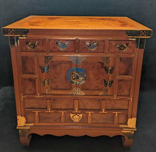 Burl Wood Vintage Chinese Apothecary Cabinet A: Burl Wood Vintage Chinese Apothecary Cabinet A. This is approx 21" x 14" x 23" and it weighs 26lbs. This was made by Cathay Furniture. With brass tone mounts. The cabinet is in a good, vin