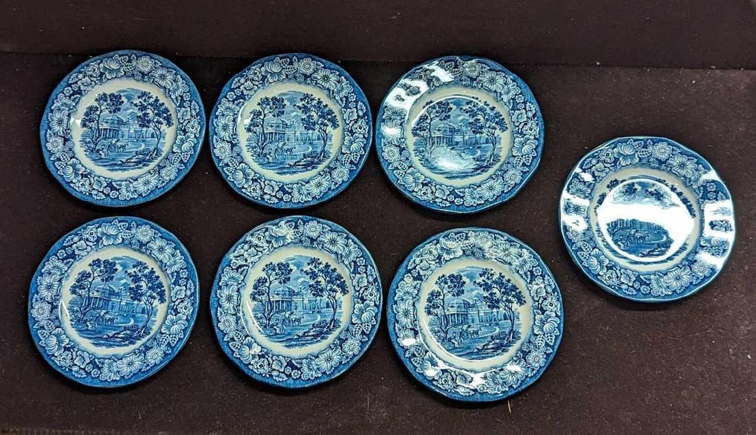 7 Staffordshire Liberty Blue Bread & Butter Plates: 7 Staffordshire Liberty Blue Bread & Butter Plates. Each is made of china and is approx 6" x 6' x 3/8" and the total weight is 2.31 lbs. Some of the plates have crazing and some markin