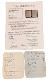 1939 New York World Series Autographs Lou Gehrig JSA: This lot comes with two sheets of paper signed by members of the World Series Winning New York Yankees, including: (1) Lou Gehrig. (1) Red Ruffing. (1) Lefty Gomez.