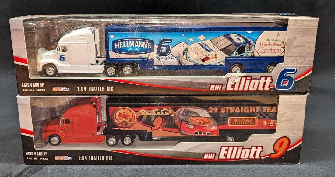 2 Action Racing Bill Elliott 1:64 Trailer Rigs NASCAR: 2 Action Racing Bill Elliott 1:64 Trailer Rigs NASCAR. This lot includes: (1) Bill Elliott #9 1:64 Trailer Rig "29 Straight Years". This comes in its original box that is approx 15" x 2 1/