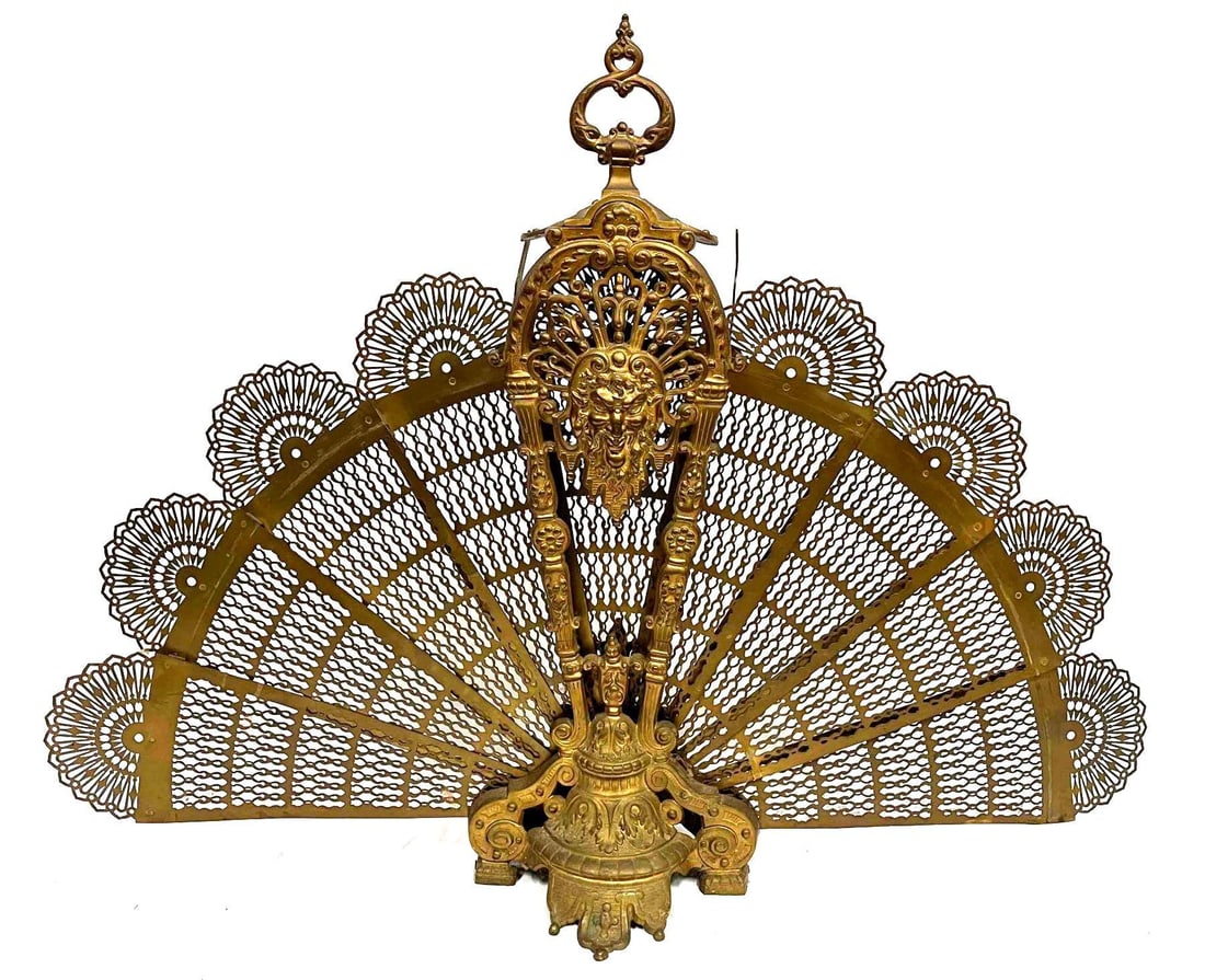Antique Brass Folding Peacock Fireplace Screen Lion Design (1 of 17)
