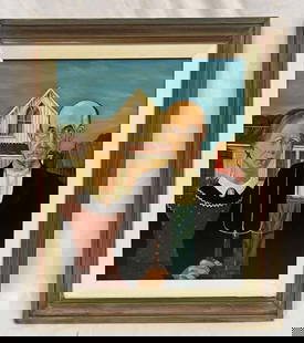 Reproduction Of Grant Wood's American Gothic By N.J. Springer 1996: This lot contains a Reproduction Of Grant Wood's American Gothic By N.J. Springer 1996. Oil On Canvas. Signed in the lower left corner of your canvas. Grant wood was an American Artist who lived f