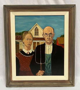 Reproduction Of Grant Wood's American Gothic By N.J. Springer 1996: This lot contains a Reproduction Of Grant Wood's American Gothic By N.J. Springer 1996. Oil On Canvas. Signed in the lower left corner of your canvas. Grant wood was an American Artist who lived f