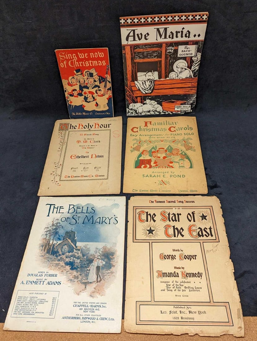 6 Vintage Christmas Religious Sheet Music: 6 Vintage Christmas Religious Sheet Music. This lot includes: (1) The Bells Of St Mary's. This was copyrighted in 1927 and is approx 9 1/4" x 12". (1) The Star Of The East. This was copyri