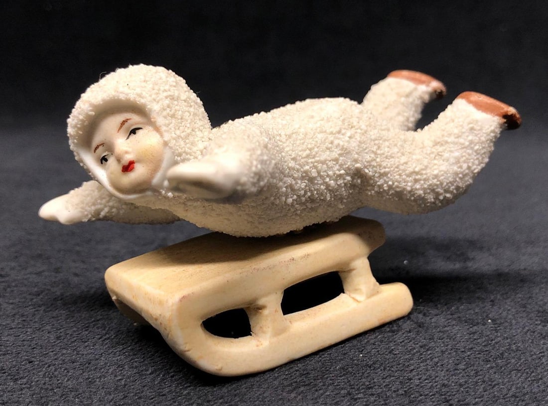Antique Hertwig Porcelain Bisque Snow Baby Sledding - Made in Germany (1 of 7)