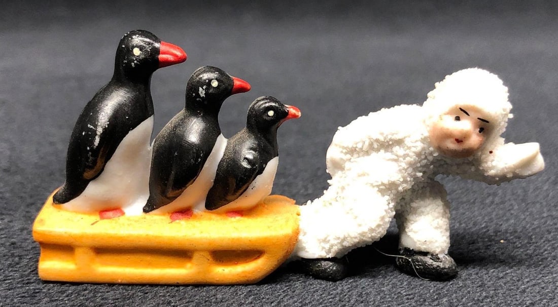 Antique Hertwig Porcelain Bisque Snow Baby - Pulling Sled with Penguins - Made in Germany (1 of 6)