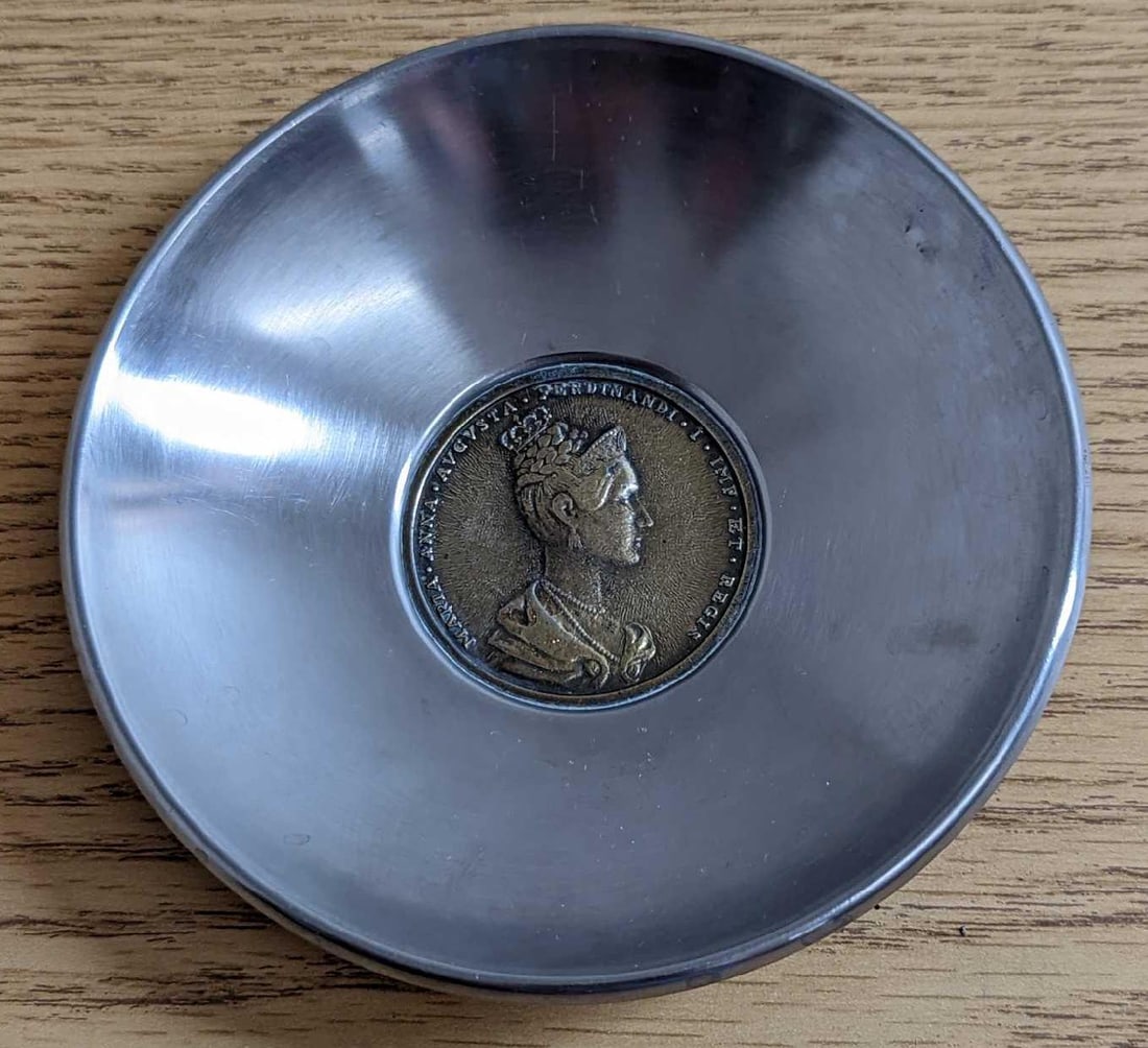 Maria Augusta Ferdinandi Coin Stainless Steel Bowl: Maria Augusta Ferdinandi Coin Stainless Steel Bowl. It is a commemorative medal bowl of the coronation of Maria Anna Augusta in Prague in 1836.This was released during the 1960s. The bowl is approx 4 