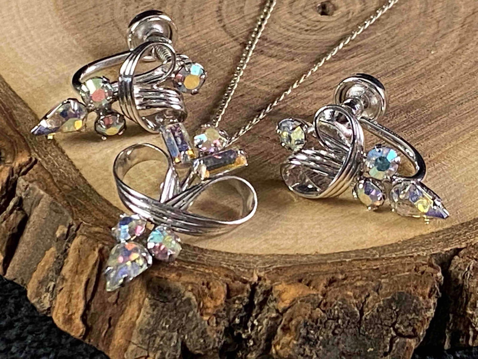 Vintage Sterling Iridescent Rhinestone Earrings & Pendant Chain (1 of 5)