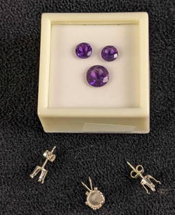 Lab Made African Amethyst Earring And Pendant Kit: This kit includes two lab-made African amethysts (6mm) for earrings and one lab-made African amethyst (8mm) for a pendant. Comes with silver-plated posts and pendant. All are in a good, unused conditi