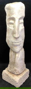 Cubist Carved Stone Statue of Two Sided Face: This lot contains a cubist carved stone statue of a two sided face. The artist of the statue is unknown. This statue is the perfect decor for any office or outdoor patio.The statue is approx 7 3/4"