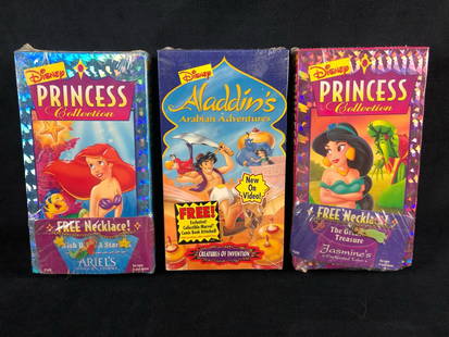 Vintage Lot Of 4 Disney Princess Ariel - Jasmine -Aladdin VHS Color Movies Sealed: Vintage Lot Of 4 Walt Disney Productions VHS Color Movies Sealed .This lot contains the following full length films : Ariel sealed with bracelet Jasmine Sealed With Bracelet Aladdin Sealed with Mini