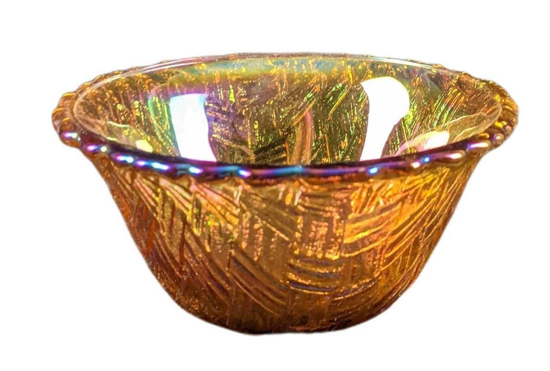 Vintage Basket Pattern Amber Iridescent Glass Bowl (1 of 7)