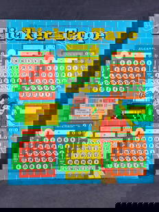 1970s Ticker Tape Bingo Pinball Backglass: 1970’s Ticker Tape (Bingo) Back glass for pinball machine. Made by Bally in Chicago USA. Years ago a protective clear adhesive paper was applied to the back to prevent any additional damage to the a