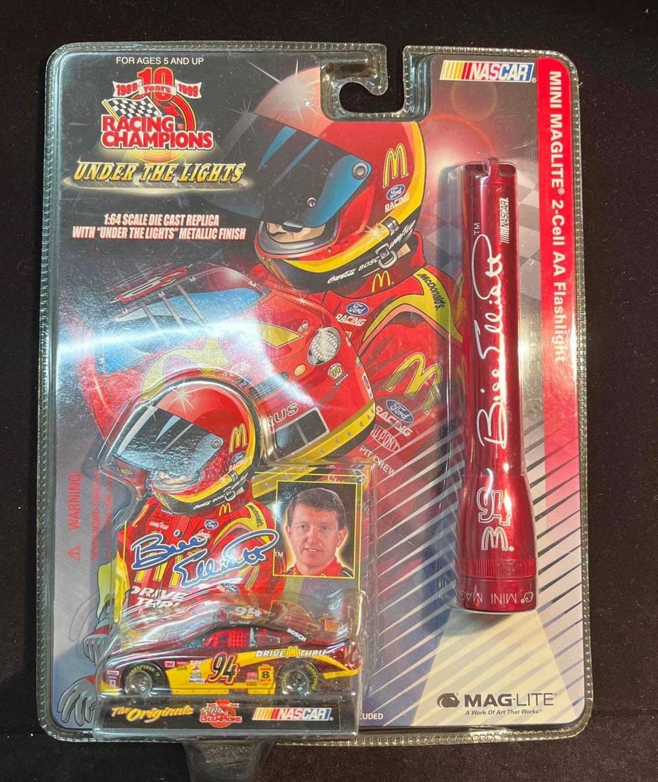 1999 Bill Elliott Racing Champions Mini Maglite 2-Cell AA Flashlight & Die Cast Replica Original Box: This lot contains a 1999 Bill Elliott Racing Champions Mini Maglite 2-Cell AA Flashlight & Die Cast Replica Original Box. It is approx 9 3/4" x 7 1/2" and it weighs about 0.3lbs. Overall t