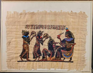 Hand Painted Egyptian Papyrus Art Musicians: Hand Painted Egyptian Papyrus Art. This shows two female musicians as they entertain a royal person along with his companion. This was placed in a protective acyclic case which is approx 20" x 16&
